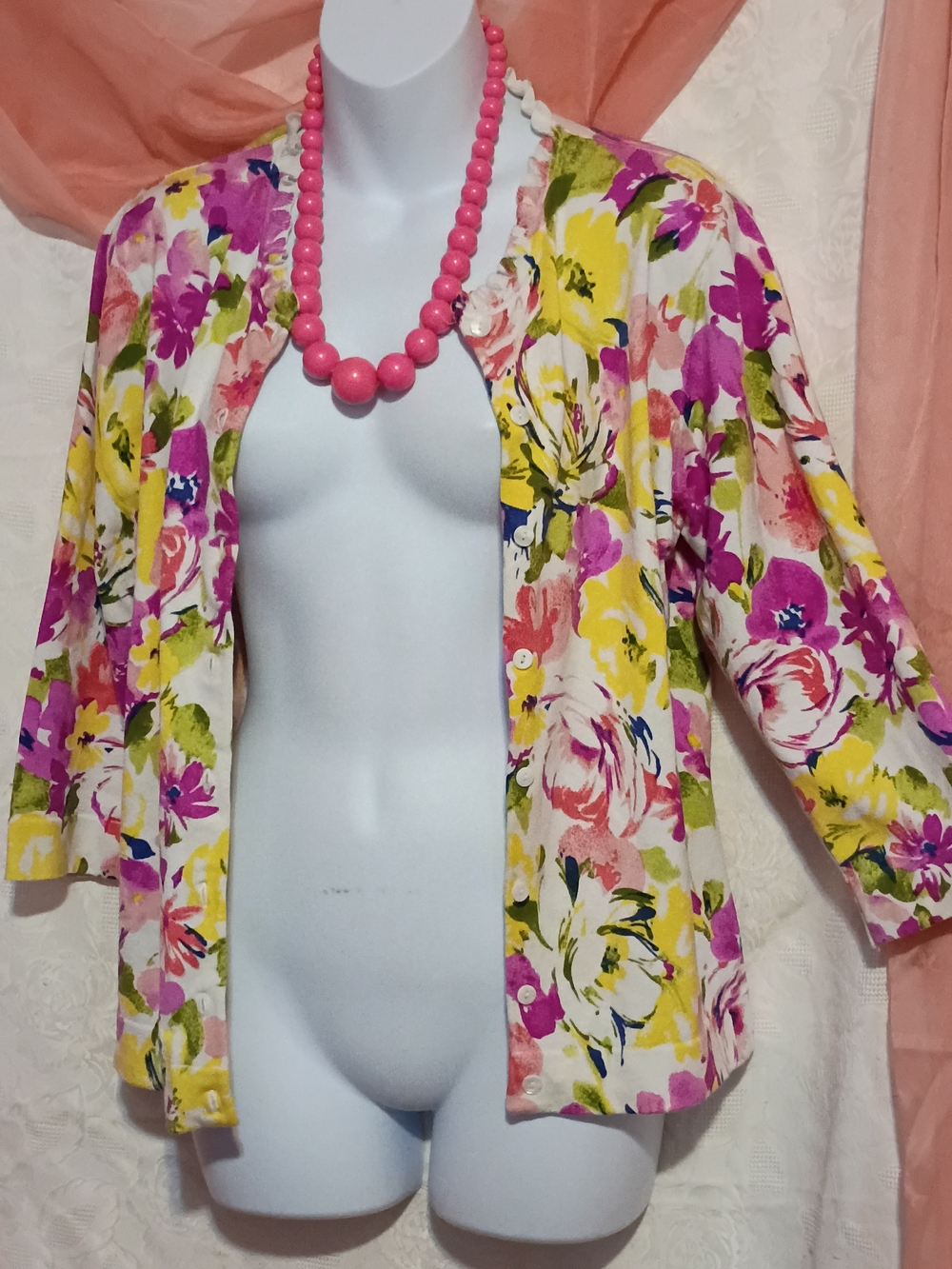 Floral Button Front Womens Cardigan in Pink & Yellow Sz Lg